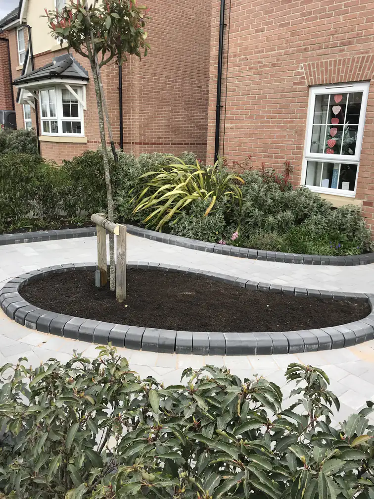 Block paving driveway installation with a curved charcoal-edged planting bed and specimen tree, giving a smart low-maintenance front garden.