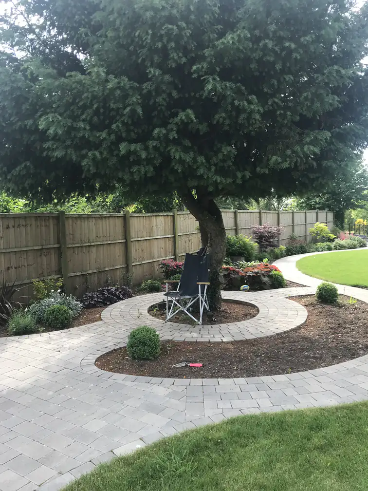 Circular paving spiralling around a mature tree, linking lawns with sculptural hard landscaping.