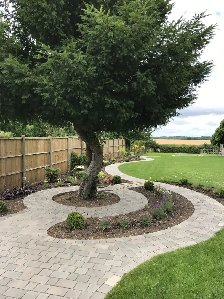 Landscaped garden with circular paved tree surround and winding path linking lawn areas, blending mature planting with new hard landscaping.