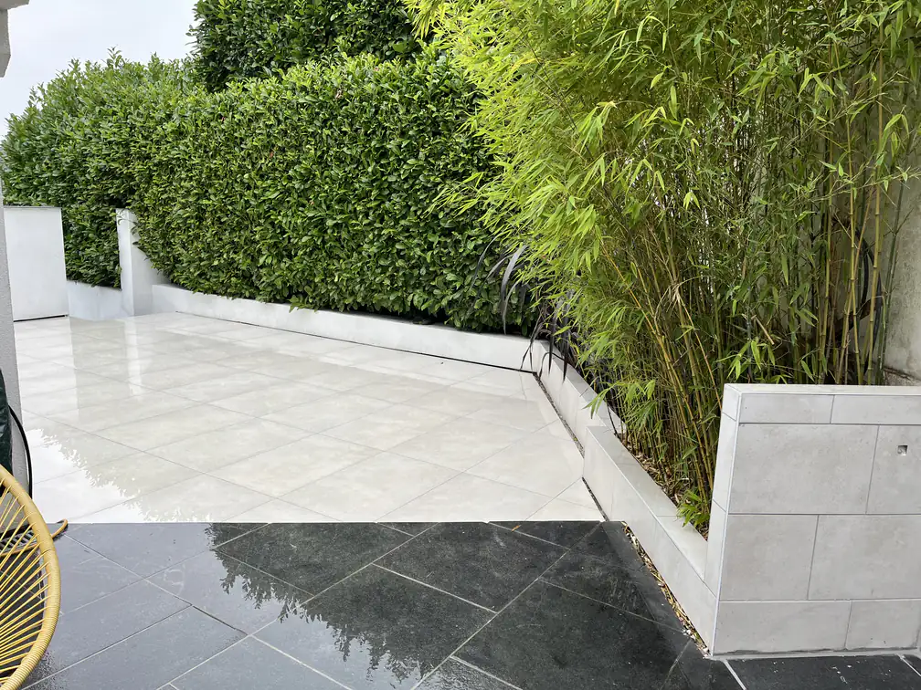 White porcelain patio with rendered raised beds, bamboo screening and polished black accents, minimalist and private.