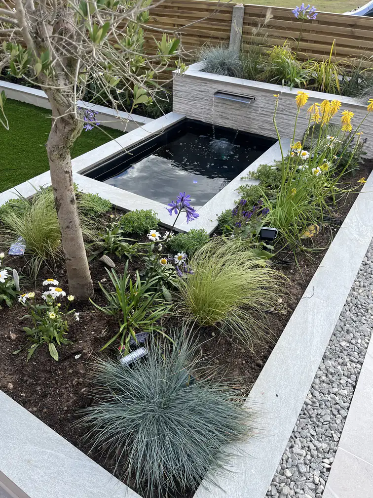 Wildlife-friendly garden pond wrapped in daisies and summer flowers, bringing nature into a contemporary design.